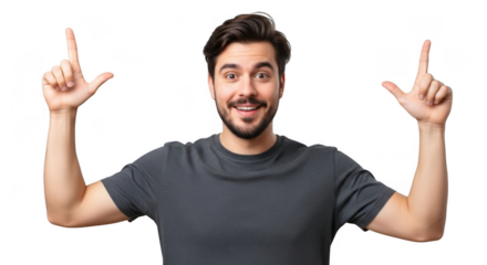 Man pointing upwards with excited expression isolated on transparent background