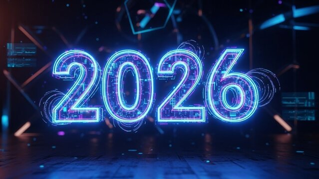 Vision of 2026: An illuminated neon display showcases the year 2026, set against a futuristic backdrop with dynamic digital patterns, symbolizing progress and forward-thinking.  - Powered by Adobe