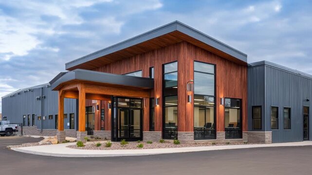 Medium shot of a veterinary clinic exterior showcasing a modern facility equipped for comprehensive animal healthcare services.