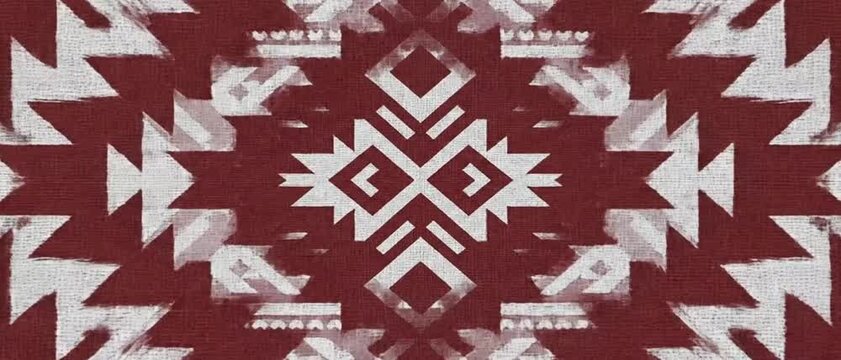 Seamless indigenous geometric pattern in dark red and white. A symmetrical design inspired by textile weaving techniques. (120 characters