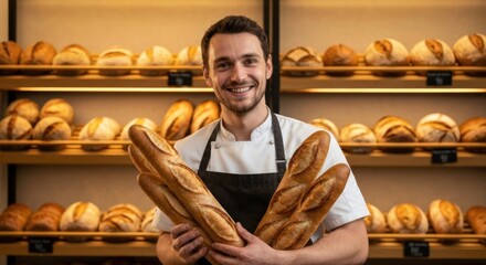Baker smiles, holding baguettes, with shelves full of bread behind him