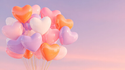 Bunch of balloons with hearts on them are floating in the air. The balloons are of different colors, including pink, orange, and white. The scene has a light and cheerful mood