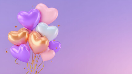 Bunch of balloons with hearts on them are floating in the air. The balloons are in various colors, including pink, purple, and white. The scene is set against a purple background