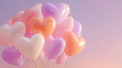 Bunch of balloons with hearts on them. The balloons are pink, white, and orange. The balloons are arranged in a way that they look like they are floating in the air. Concept of joy and celebration