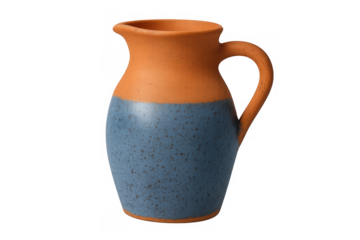 Earthenware pitcher showing crafted terracotta clay with a textured blue glaze. This traditional pottery vessel features a pouring spout and handle