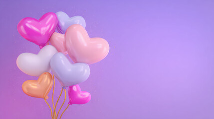 Bunch of balloons with hearts on them are floating in the air. The balloons are in various colors, including pink, purple, and white. The scene is set against a purple background
