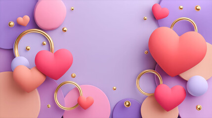 Purple background with a lot of pink hearts and gold circles. The hearts are all different sizes and are scattered around the background. The gold circles are also scattered around the background