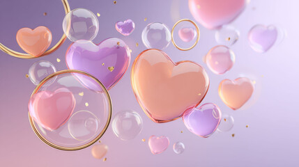 Two hearts are floating in the air with pink and gold balls surrounding them. The scene is a representation of love and affection