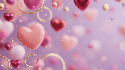 Two hearts are floating in the air with pink and gold balls surrounding them. The scene is a representation of love and affection