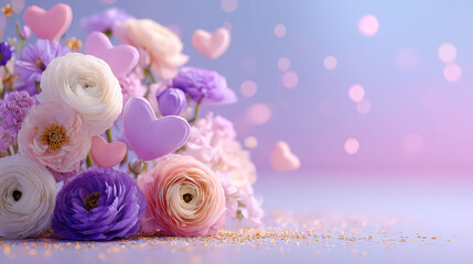 Bouquet of flowers with hearts and a purple background. The background is a light blue color
