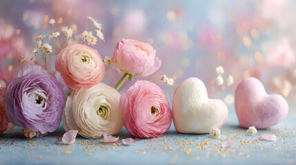 Bouquet of flowers with pink and white flowers and a heart on the right. The flowers are arranged in a way that they look like they are hugging each other