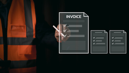 Engineer using digital pen to sign electronic invoice on virtual screen interface. Construction worker managing online billing documents for modern smart industry finance concept.