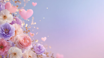 Bouquet of flowers with hearts and a purple background. The background is a light blue color