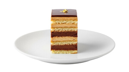 Delicious layered chocolate cake isolated PNG on transparent background, gourmet dessert with ganache and gold leaf for patisserie menu