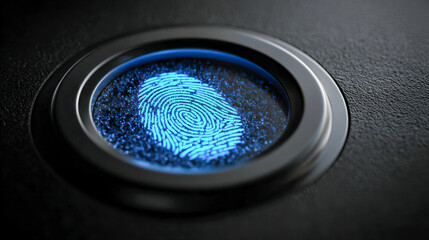Futuristic digital fingerprint scanner glowing blue on a sleek black surface symbolizing biometric security and advanced identity verification system