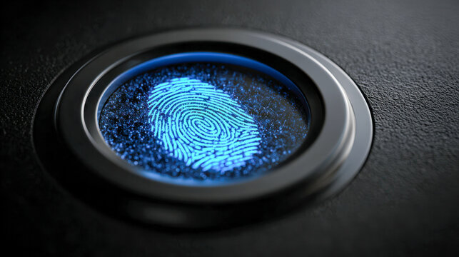 Futuristic digital fingerprint scanner glowing blue on a sleek black surface symbolizing biometric security and advanced identity verification system - Powered by Adobe