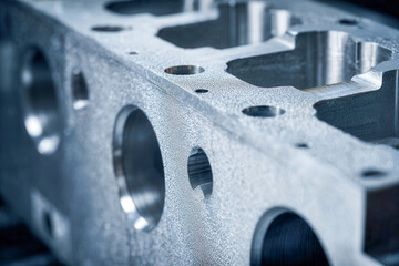 Detailed view of a finely machined metal engine component displaying smooth cylindrical openings and a textured surface in a high precision manufacturing setup