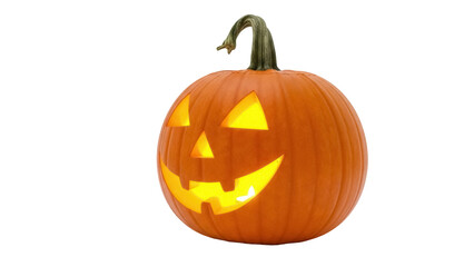 Glowing jack-o -lantern isolated PNG, carved pumpkin with spooky face for Halloween decoration and autumn holiday themes on transparent background