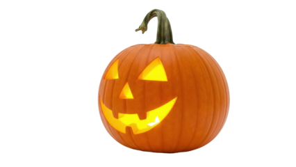 Glowing jack-o -lantern isolated PNG, carved pumpkin with spooky face for Halloween decoration and autumn holiday themes on transparent background