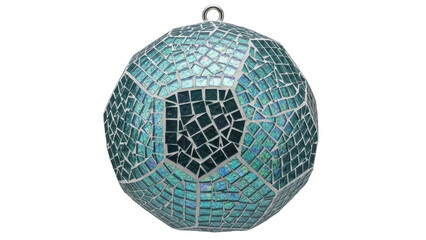 Aqua blue mosaic glass ball isolated PNG, decorative sphere with iridescent tiles for home decor and festive ornaments on transparent background