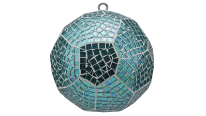 Aqua blue mosaic glass ball isolated PNG, decorative sphere with iridescent tiles for home decor and festive ornaments on transparent background