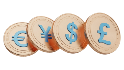 Four golden coins with Euro Yen Dollar and Pound symbols isolated PNG, international currency exchange and global finance on transparent background