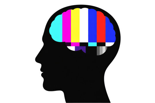 Silhouette of a human head with a TV test pattern inside the brain, concept of propaganda and brainwashing.