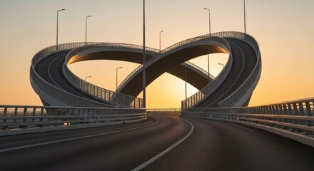 A road transforms into a unique infinity loop structure during a sunset