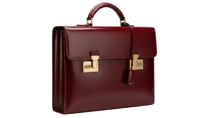 Burgundy leather briefcase isolated PNG, classic business bag with combination locks for professional use and secure document storage