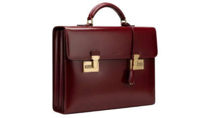 Burgundy leather briefcase isolated PNG, classic business bag with combination locks for professional use and secure document storage