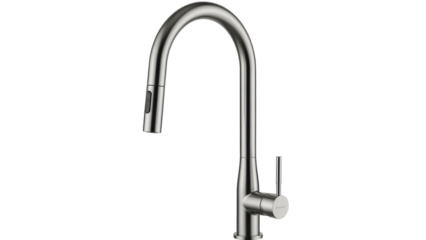 Modern brushed nickel kitchen faucet isolated PNG, sleek single handle pull down sprayer tap for sink fixture on transparent background
