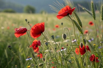 Red poppies field blooming in spring. Closeup view