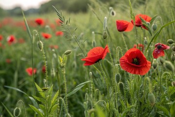 Red poppies field blooming in spring. Closeup view