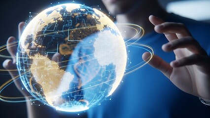 Man interacting with digital network interface and glowing data streams in a modern office