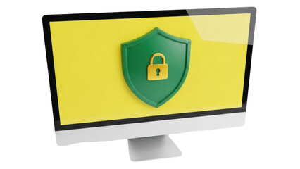 Modern computer monitor with green shield and golden padlock isolated PNG, cybersecurity concept for data protection and privacy