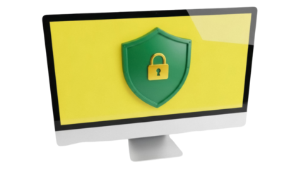 Modern computer monitor with green shield and golden padlock isolated PNG, cybersecurity concept for data protection and privacy