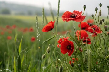 Red poppies field blooming in spring. Closeup view