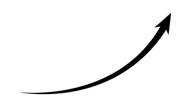 Long curved black arrow moving up concept of stock market business growth, increasing financial profit, business grow up trend sign. Business growth upward rising arrow. Vector illustration.