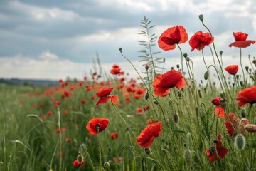 Red poppies field blooming in spring. Closeup view