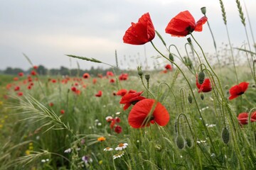 Red poppies field blooming in spring. Closeup view