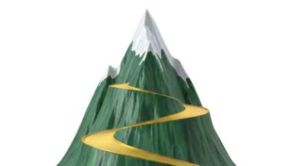Green mountain with snow and golden road isolated PNG, winding path to the top on transparent background, success and achievement concept