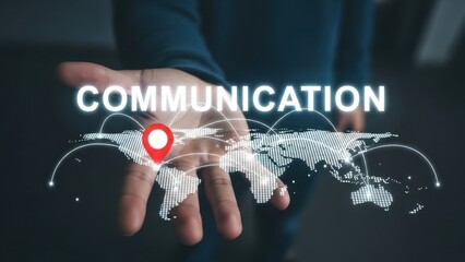 Global Network Connectivity: Businessman hand holding glowing world map with location pin for international communication logistics