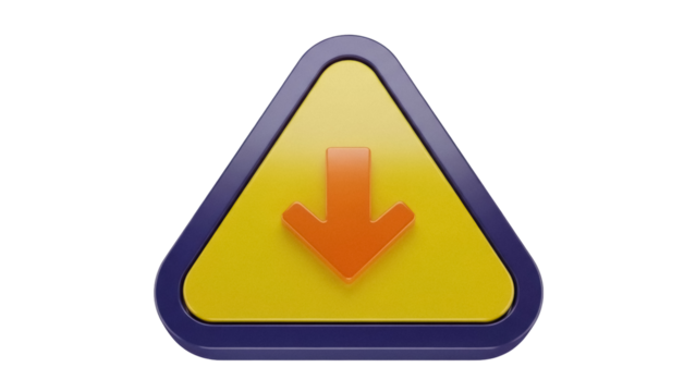 Yellow triangle with orange arrow pointing down PNG isolated on transparent background, download symbol for web design and user interface - Powered by Adobe