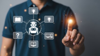 Artificial Intelligence Education: Glowing robot tutor icon with academic symbols for futuristic digital learning solutions