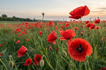 Red poppies field blooming in spring. Closeup view