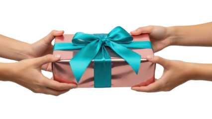 Hands giving a pink gift box with turquoise ribbon isolated PNG, present exchange for birthday celebration and special occasions