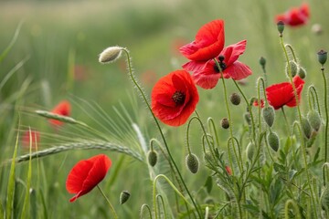 Red poppies field blooming in spring. Closeup view