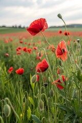 Red poppies field blooming in spring. Closeup view
