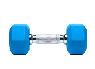 Blue dumbbell with silver handle isolated on transparent background for fitness and exercise