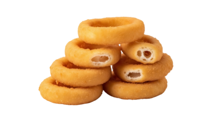 Stack of golden onion rings isolated PNG, crispy fried snack on transparent background, fast food appetizer for restaurant menu